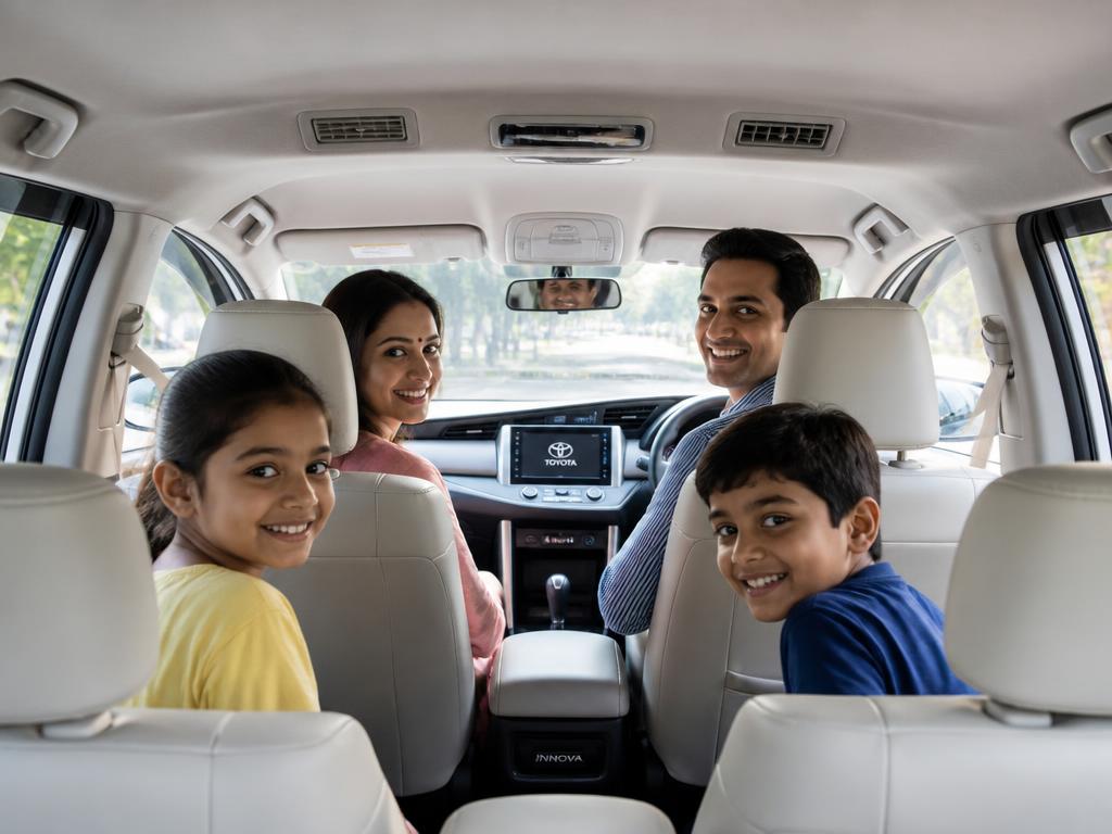 Happy family travelling in AP Tourism Om Sai taxi