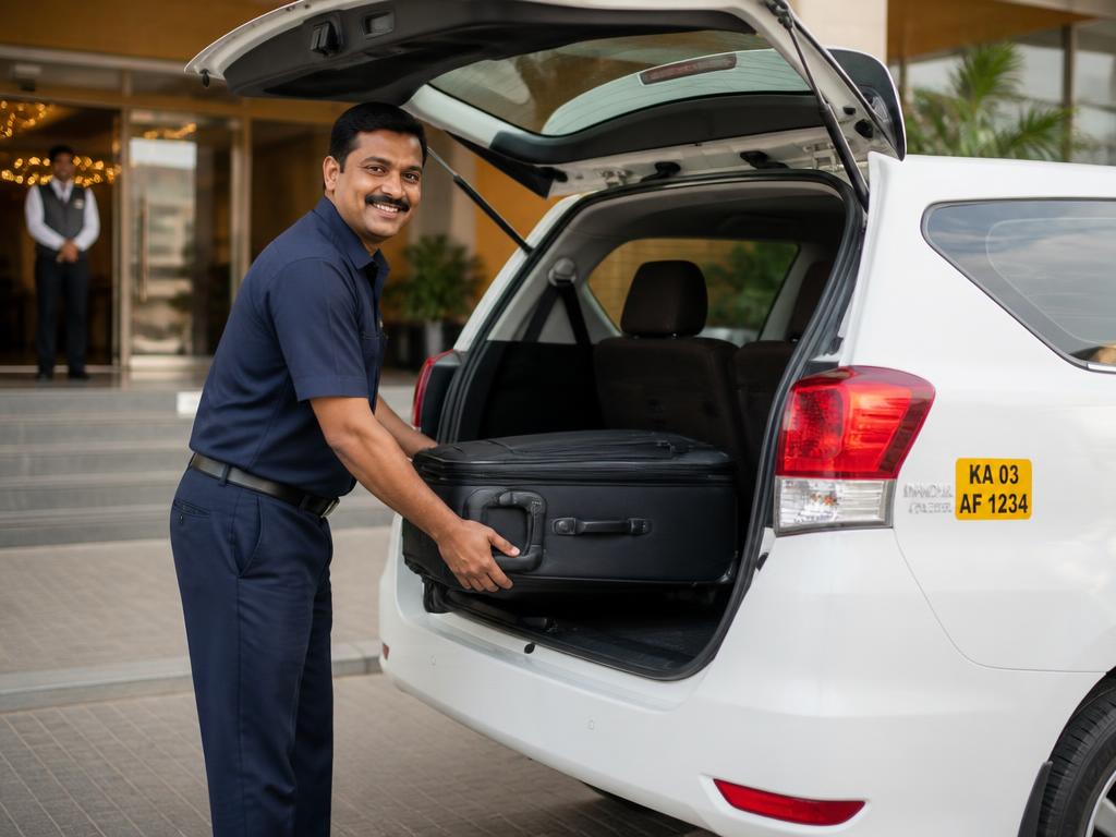Professional driver placing luggage in taxi boot
